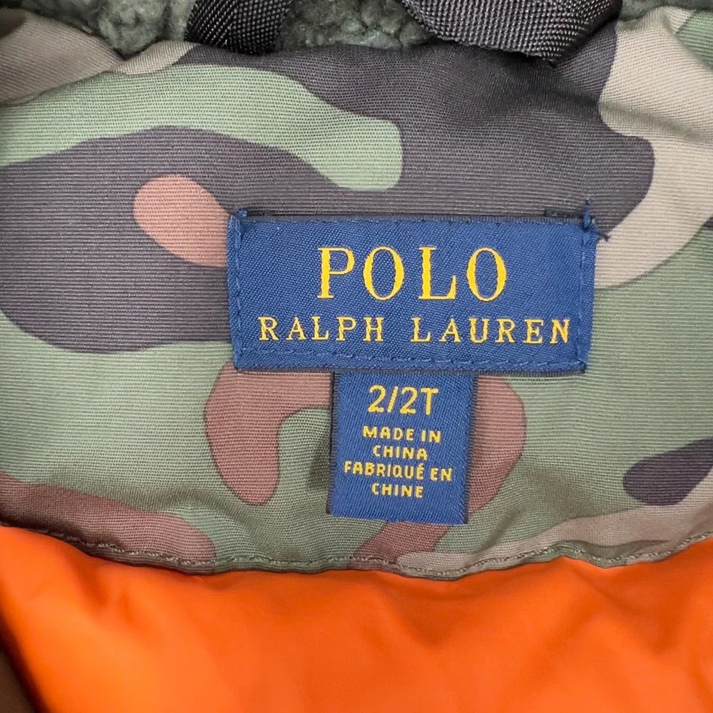 Polo Ralph Lauren Kids Parka Jacket Green Camo Faux Fur Hood Orange Lining 2/2T